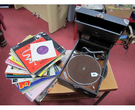 HMV Portable Gramophone, in black leatherette covering, and winder and quantity of records. 