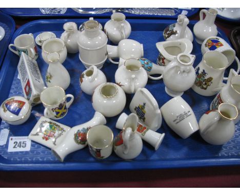 A Collection of Over Thirty Crested China Models, mostly Goss, including top hat, tyg, woven basket, jars etc:- One Tray
