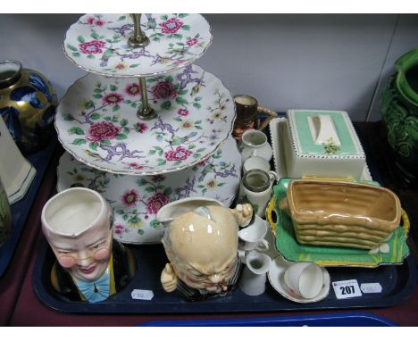 Old Foley 3 Tier Cake Stand, Burleigh ware cheese dish, Burleigh figure of Churchill etc:- One Tray 