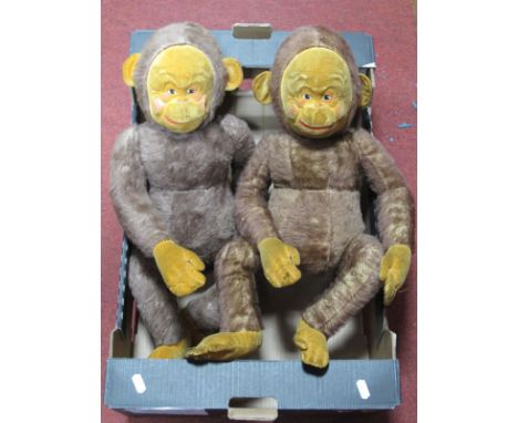 Two 1930 Merrythought Monkeys, pressed velvet faces with painted features. Velvet hands and feet both with labels ato fet one