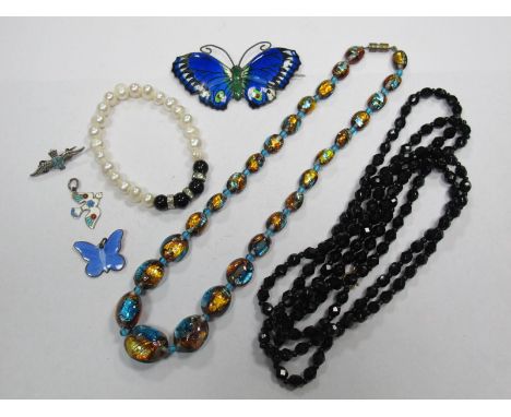 John Atkins & Sons Enamel Butterfly Brooch, enamel dove pendant, fresh water pearl bracelet, foil beads etc. 