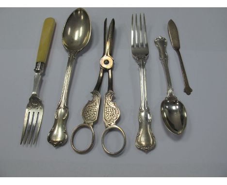Matching Hallmarked Silver Spoon, fork and teaspoon, together with a pair of grape scissors and a fork. 