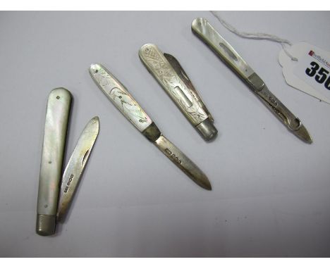 Three Hallmarked Silver and Mother of Pearl Folding Fruit Knives, together with another having button hook. (4)