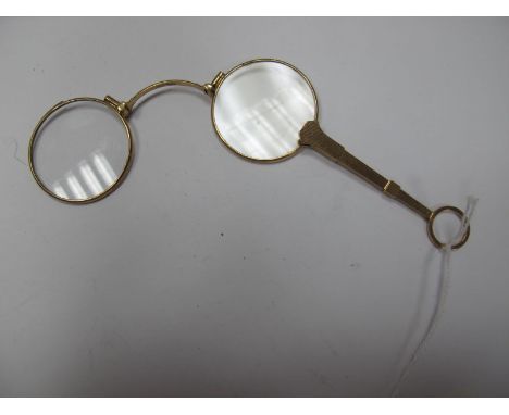 A Pair of Lorgnettes, engine turned, with loop and handle, stamped "9ct". 