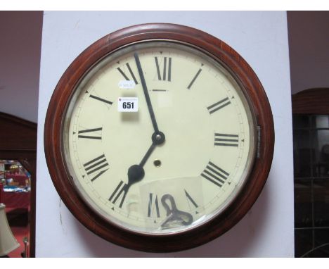 Early XX Century Stained Mahogany School Wall Clock, with a white dial, Roman numerals.