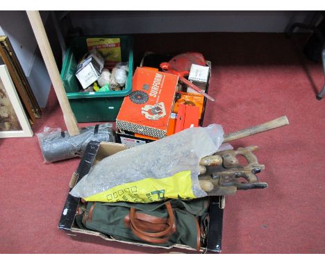 DIY Tools- Including saws, saw and power tool accessories, pillow drill frame, chisels, hammers, large rubber curbb hammer:- 