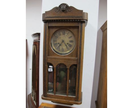 1920's Oak Cased Regulator Wall Clock, having black Roman numerals to silvered dial, by Wurttemberg. 