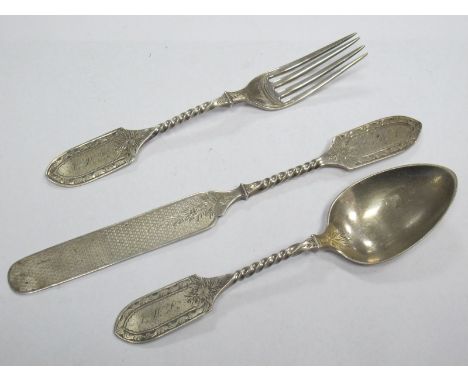 A XIX Century America Three Piece Christening Set, comprising knife, fork and spoon, each with twisted handle, initialled, st