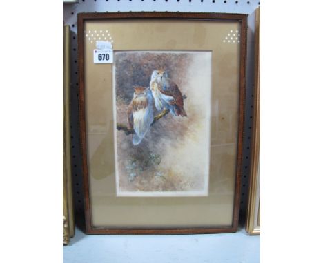 W.E.Powell (Royal Worcester Artist) 'Great Eagle Owls, Spain', Watercolour, 22.5 x 14.5 cms. 