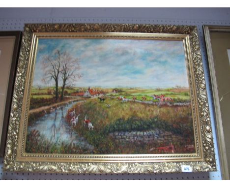 C. Tiplady, 1980's Oil on Canvas, hunting scene with fox in foreground, 44.5x59.5cm signed lower right, details verso. 