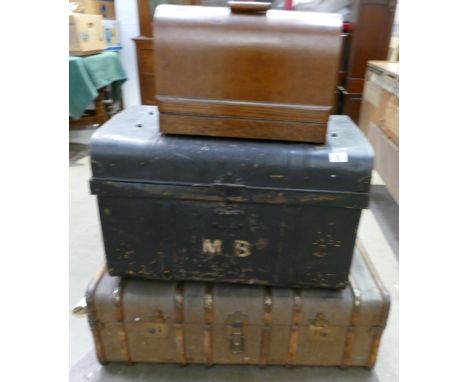 A collection of items to include: Tin Travelling trunk, similar canvas item &amp; a cased Singer Sewing machine. (3)