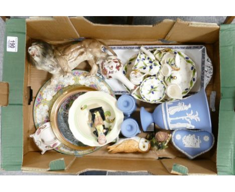 Collection of Various pottery: Including Royal Doulton figures, Beswick Owl, Melba ware Lion, Wedgwood Jasperware. (1 Tray)