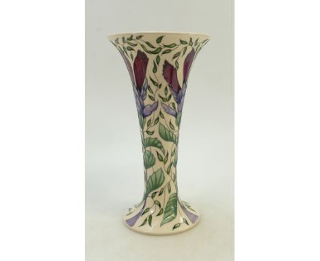 Moorcroft Trumpet Vase: decorated with purple flowers , Kerry Goodwin 2014, height 30cm