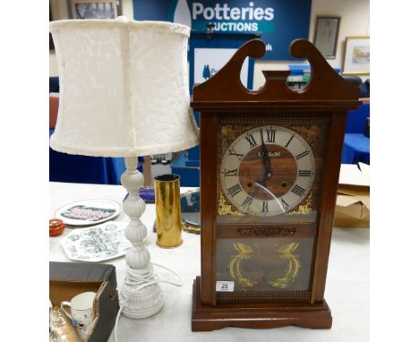 Mid century wooden 21 day Mantle Clock: Mantle Clock together with a resin table lamp. (2)