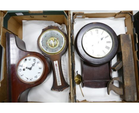 A mixed collection of items to include: Mahogany cased mantle clock, similar Metamec wall clock and barometer etc (2 trays)