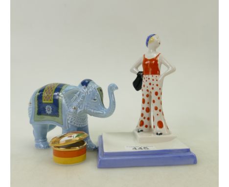 Wedgwood Clarice Cliff items: Wedgwood Clarice Cliff lady dish made for the collectors club, Enamel Windbells trinket box and