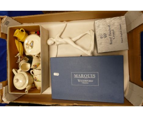 A mixed collection of items to include: Novelty War theme miniature Willie The Warden tea set, boxed Waterford crystal dressi