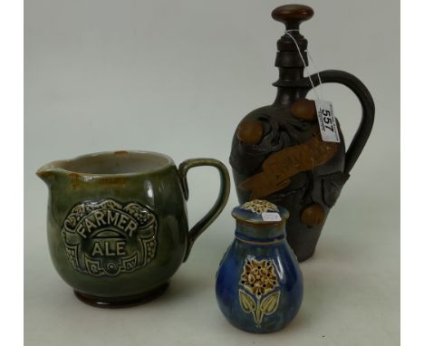 Royal Doulton Lambeth stoneware Farmer Ale jug (handle re stuck), Lambeth shaker and cover and stoneware Calvados decanter wi