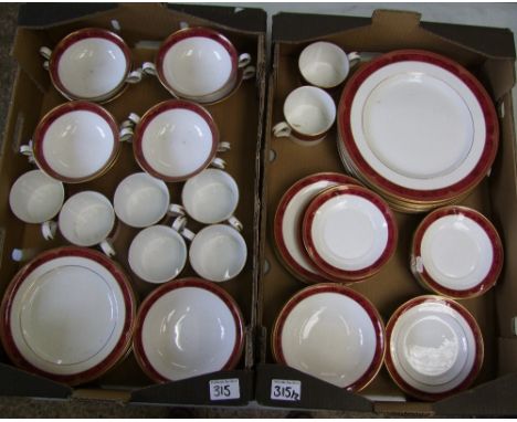 Minton Bordeaux Dinner service to include: dinner plates, cups, saucers , coffee cans , fruit bowls etc(2 trays)