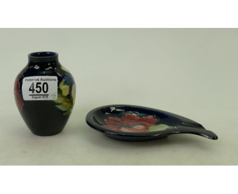 Moorcroft Hibiscus on blue ground small vase and ashtray: underglazed nip to vase(2)
