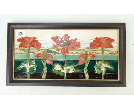 Moorcroft large plaque decorated with poppies: Moorcroft prestige plaque decorated with poppies in landscape, in wood frame, 