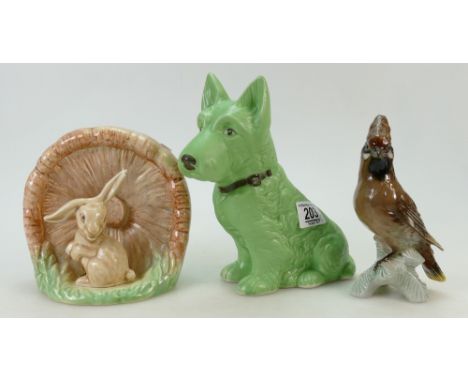 Sylvac Dog, Flower Pocket and a Goebel Waxwing: A Sylvac green dog ref 1207 together with a similar flower pocket ref 1610 an