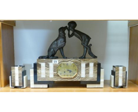 Large Art Deco Slate and Marble mantle clock set: with spelter dog and child figures prominent to top