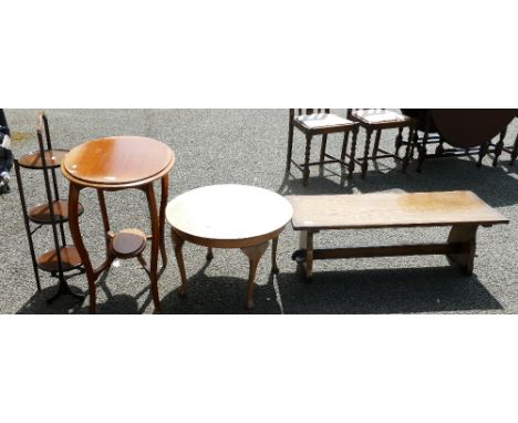 Furniture items: A Mahogany oval 2 tier occasional table, similar smaller item, oak bench table &amp; collapsible cake stand.