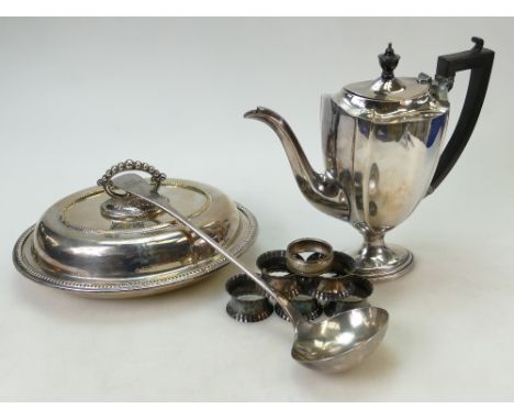 Collection silver plate: Group of silver plated ware including twist off handle entree dish, coffee pot, large soup ladle &am