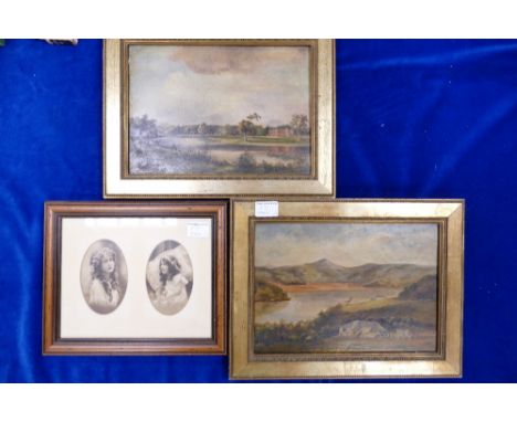 Pair 19th century oil paintings on board: Landscape and country house scenes together with a print of young girls. (3)