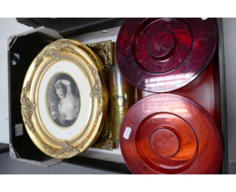 A mixed collection of items to include: Trench Art WW1 commemorative shell casing, framed oval prints and Cherry B &amp; Baby