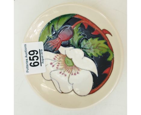 Moorcroft RHS Eglantine Rose Coaster: Trial piece designed by Rachel Bishop. 10cm in diameter, 1st in quality