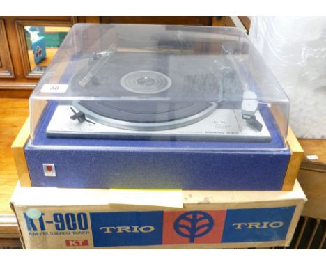 Goldring Lenco GL75 turntable and Trio tuner: Turntable fitted to light beech and blue fabric covered plinth together with a 