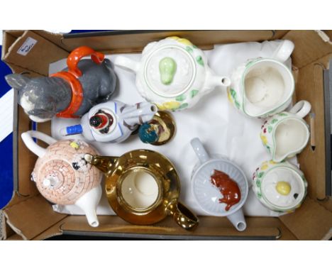 A mixed collection of novelty items to include: French Bulldog type item, similar Dennis the Menace items etc.