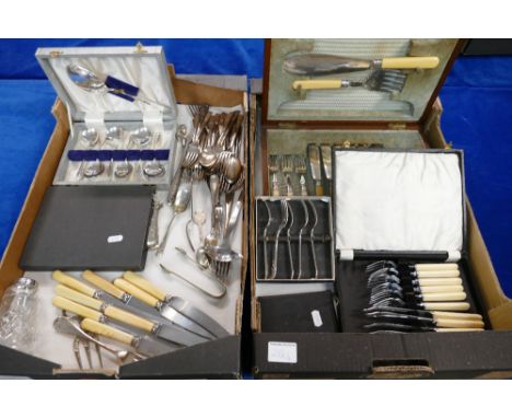 A collection of Boxed Spoons, Knifes and Fork sets: Items to include Soup spoons, sugar tongs, sugar sifter etc. ( 2 trays) 