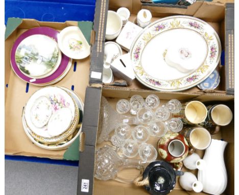 A mixed collection of items to include: Decanters, cut glass ware, decorative wall plates, large Wedgwood Columbia patterned 