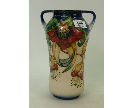 Moorcroft Anna Lily two handled vase: seconds in quality but boxed. Height 26cm