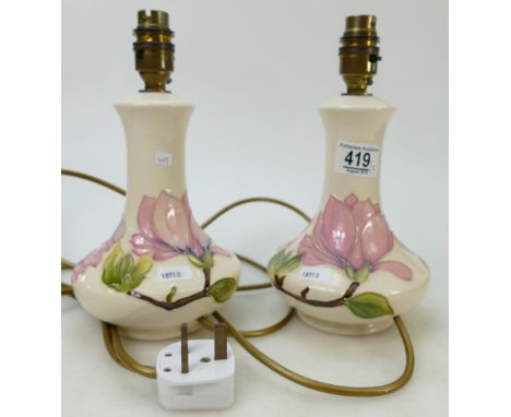 Pair Moorcroft Pink Magnolia lamp bases: both on cream ground, height 24cm to top of fitting(2)