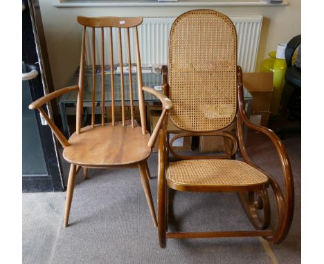 Ercol Priory Style Arm Chair and bent wood Rocker: Arm chair together with Mid Century wicker backed bent wood rocking chair.