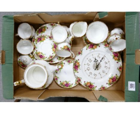 Old Country Rose: Part set to include, cups, saucers, teapot. together with clock. (22 Pieces, 1 Tray)