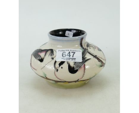 Moorcroft tubelined squat vase: decorated with birds on willow branches, boxed, height 9cm