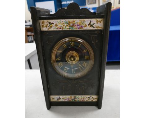 Unusual Black Slate Mantel Clock: Clock with floral tile inserts, height 32cm.