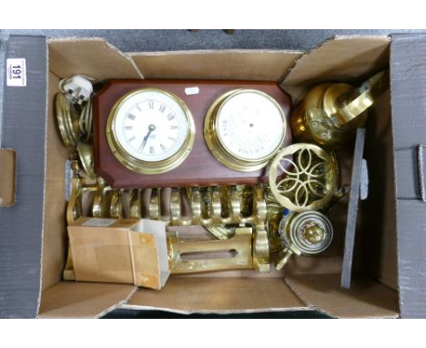 Brass ware: Collection of Brass items to include wall Barometer, kettles, fire guard, etc. (1 Tray)