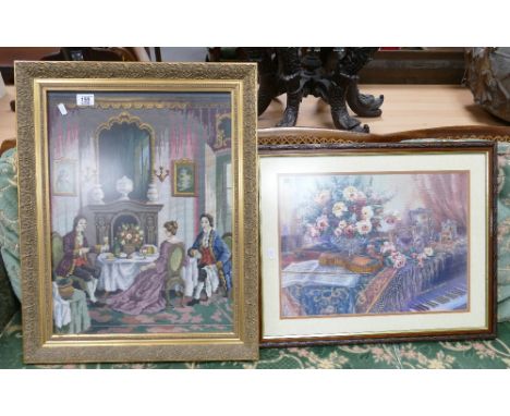 Framed Pictures: Framed tapestry in gilt frame, together with print of Steinway piano. (2)