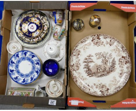 A mixed collection of items to include: A large Minton brown and white charger, decorative nineteenth century cups and saucer
