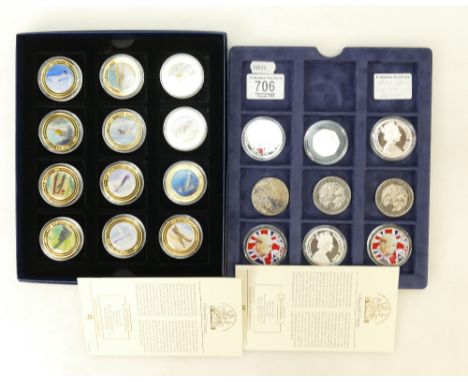 Collection of 21 coins: Coins include 12 x gilt and enamel 100 years of flight Crown size coins, together with 3 assorted £5 