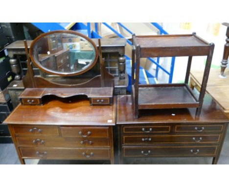 Edwardian Inlaid Dressing table, chest and table: Dressing table other similar item and an Oak occasional table (damage noted