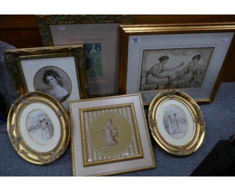 A collection of Modern Gilt Framed Prints and Tapestry: Five prints with a classical theme and one framed Flemish tapestry fr