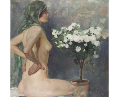 MODERNER KÜNSTLERTätig 1. H. 20. Jh.DAMENAKT MIT GRÜNEM SCHLEIER UND WEISSER AZALEE (1920er Jahre) Öl auf Leinwand. 92 x 93 c