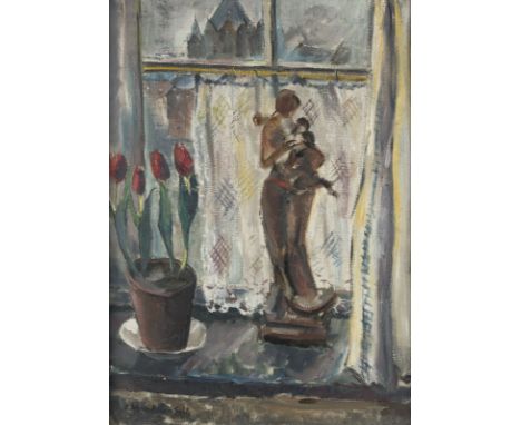 ERNST SCHUMACHER1905 Mönchengladbach - 1963 BerlinSTILLLEBEN MIT MADONNA UND TULPEN Öl auf Leinwand. 66,5 x 47 cm (R. 83 x 63